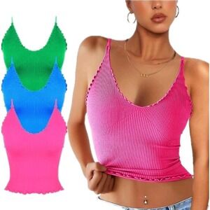 M~Women 3 Pack Ruffled V Neck Cropped Tops Workout Basic Ribbed Camisole Tanks